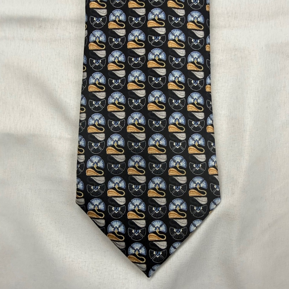 Ermenegildo Zegna Silk Tie Mens 60"x3.75" Black Blue Gold Geometric Fan Italy